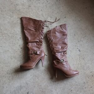Y2K Lace Up Knee High Heeled Boots Brown Faux Leather Size 8